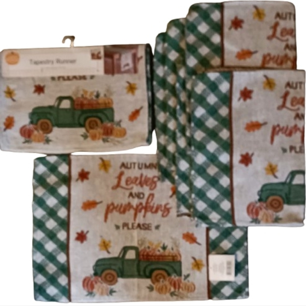 Autumn Leaves and Pumpkins Table Linens Set 6 Tapestry Placemats and Runner Fall - Picture 4 of 7
